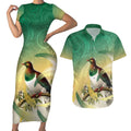 New Zealand Pigeon Kereru Couples Matching Short Sleeve Bodycon Dress and Hawaiian Shirt Maori Fern Art Green Gradient - Aussie Hoodie