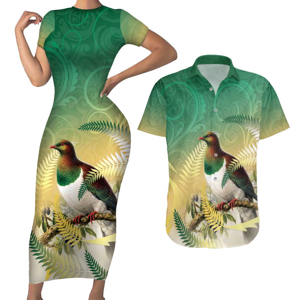 New Zealand Pigeon Kereru Couples Matching Short Sleeve Bodycon Dress and Hawaiian Shirt Maori Fern Art Green Gradient - Aussie Hoodie