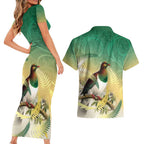 New Zealand Pigeon Kereru Couples Matching Short Sleeve Bodycon Dress and Hawaiian Shirt Maori Fern Art Green Gradient - Aussie Hoodie