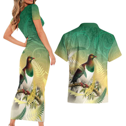 New Zealand Pigeon Kereru Couples Matching Short Sleeve Bodycon Dress and Hawaiian Shirt Maori Fern Art Green Gradient - Aussie Hoodie