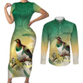 New Zealand Pigeon Kereru Couples Matching Short Sleeve Bodycon Dress and Long Sleeve Button Shirt Maori Fern Art Green Gradient - Aussie Hoodie