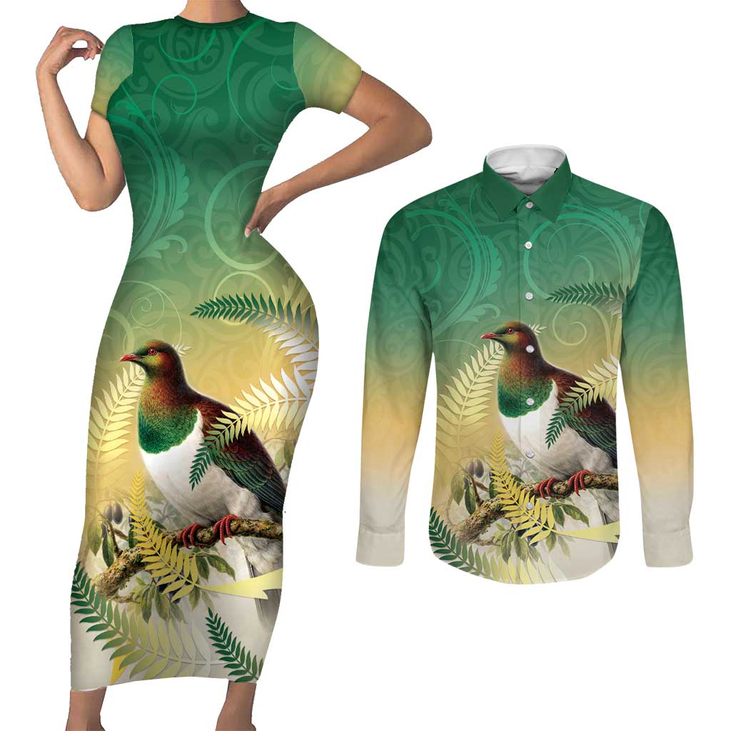 New Zealand Pigeon Kereru Couples Matching Short Sleeve Bodycon Dress and Long Sleeve Button Shirt Maori Fern Art Green Gradient - Aussie Hoodie