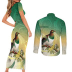 New Zealand Pigeon Kereru Couples Matching Short Sleeve Bodycon Dress and Long Sleeve Button Shirt Maori Fern Art Green Gradient - Aussie Hoodie