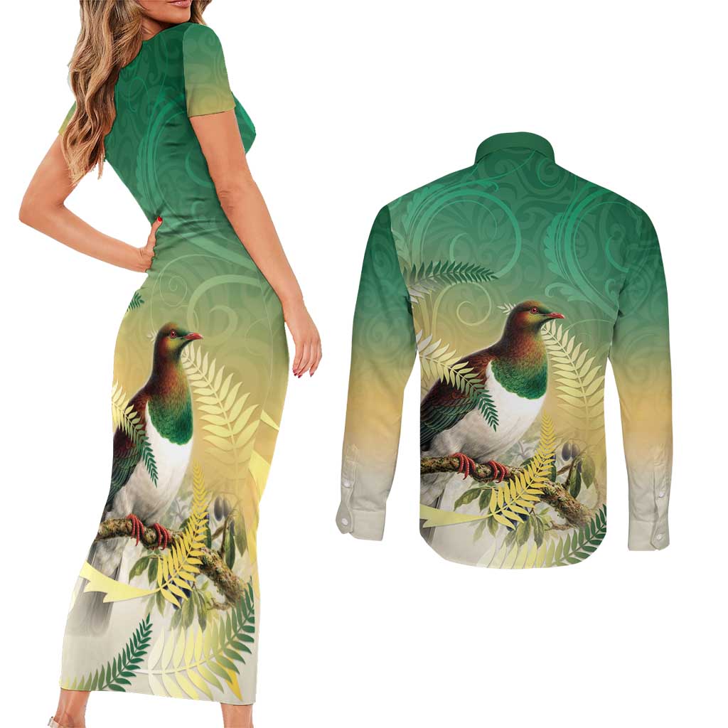 New Zealand Pigeon Kereru Couples Matching Short Sleeve Bodycon Dress and Long Sleeve Button Shirt Maori Fern Art Green Gradient - Aussie Hoodie