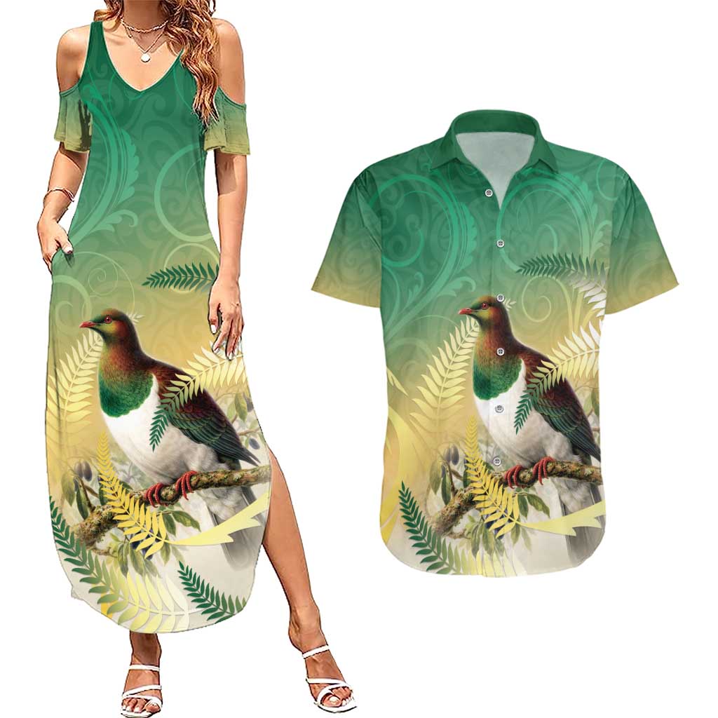 New Zealand Pigeon Kereru Couples Matching Summer Maxi Dress and Hawaiian Shirt Maori Fern Art Green Gradient - Aussie Hoodie