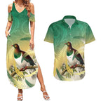 New Zealand Pigeon Kereru Couples Matching Summer Maxi Dress and Hawaiian Shirt Maori Fern Art Green Gradient - Aussie Hoodie