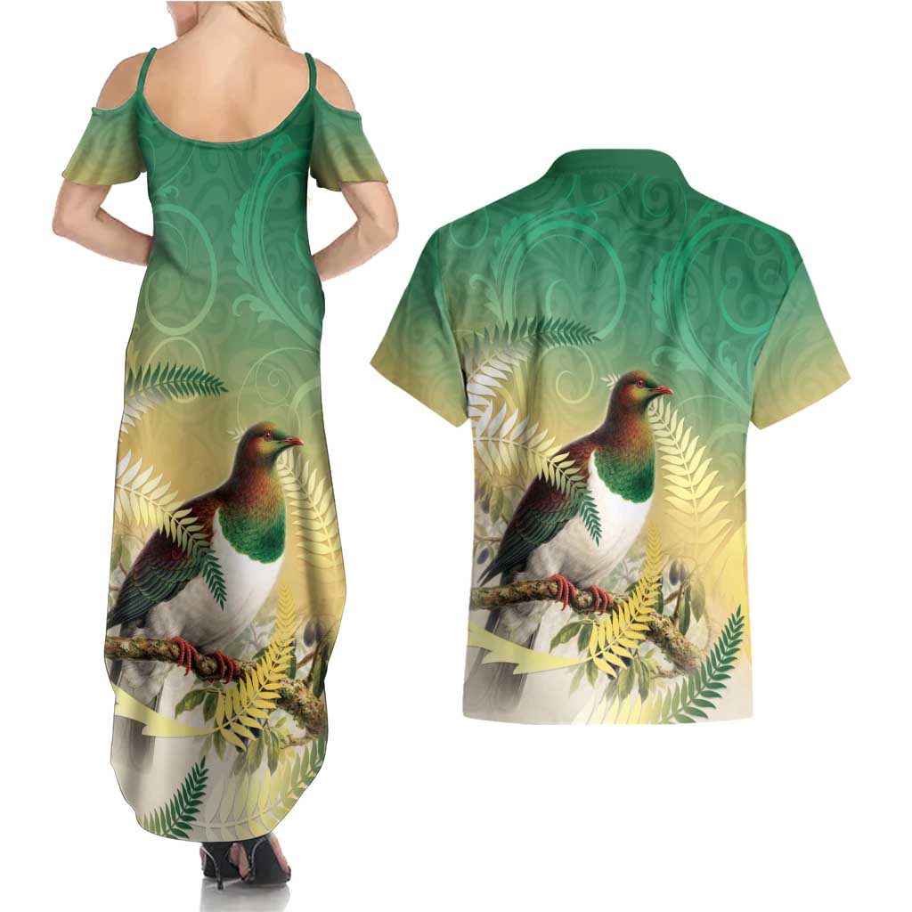 New Zealand Pigeon Kereru Couples Matching Summer Maxi Dress and Hawaiian Shirt Maori Fern Art Green Gradient - Aussie Hoodie