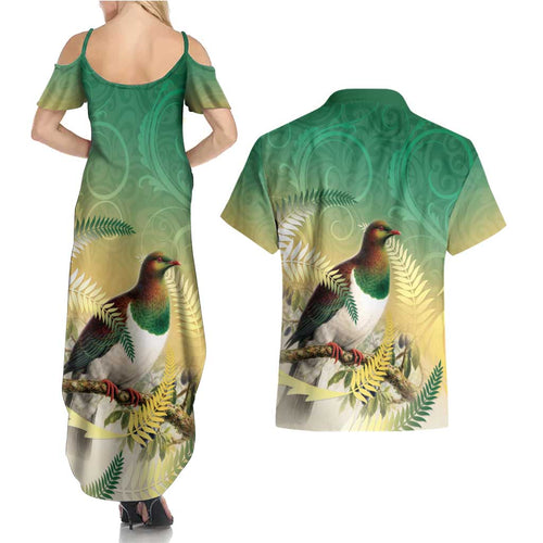 New Zealand Pigeon Kereru Couples Matching Summer Maxi Dress and Hawaiian Shirt Maori Fern Art Green Gradient - Aussie Hoodie