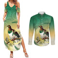 New Zealand Pigeon Kereru Couples Matching Summer Maxi Dress and Long Sleeve Button Shirt Maori Fern Art Green Gradient - Aussie Hoodie