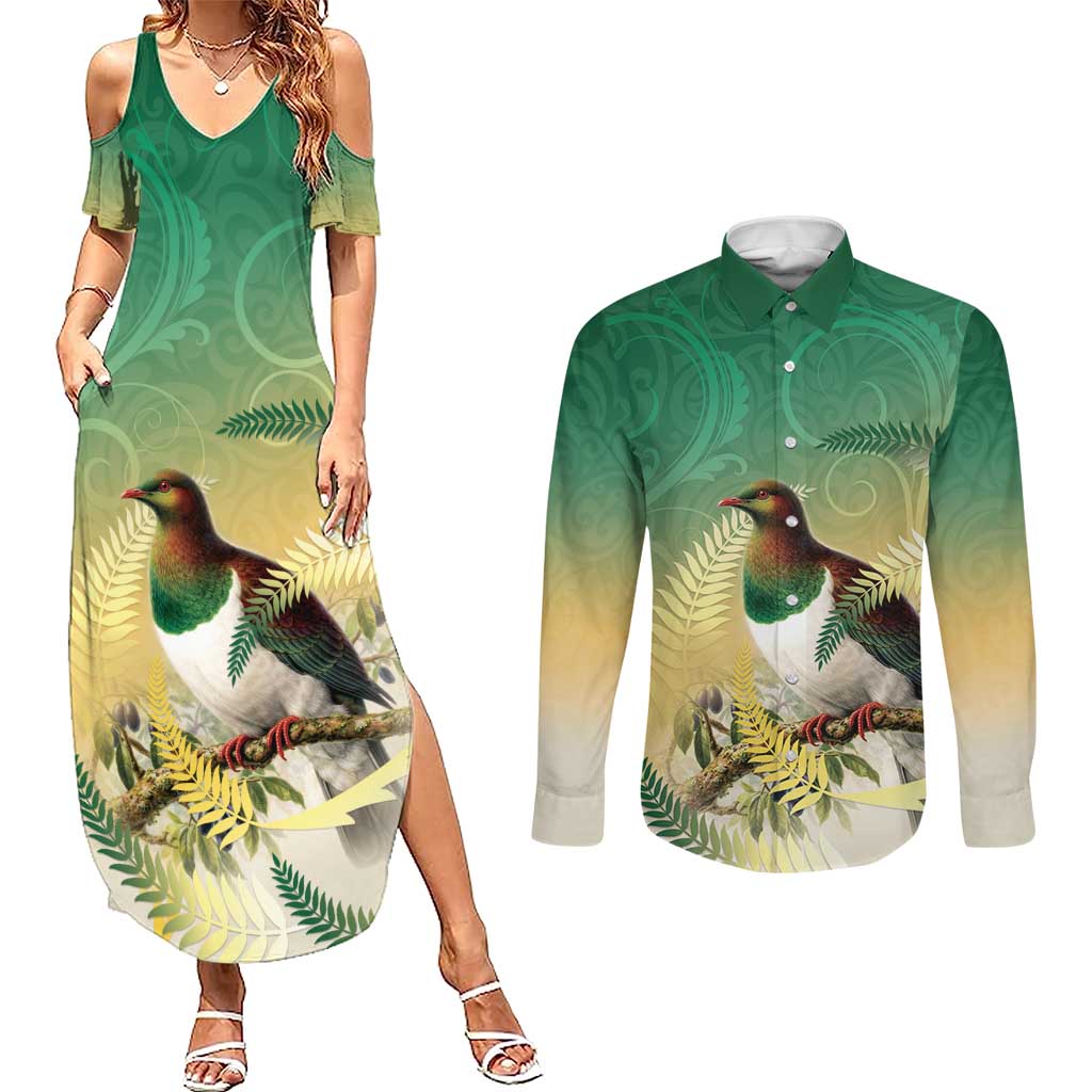 New Zealand Pigeon Kereru Couples Matching Summer Maxi Dress and Long Sleeve Button Shirt Maori Fern Art Green Gradient - Aussie Hoodie