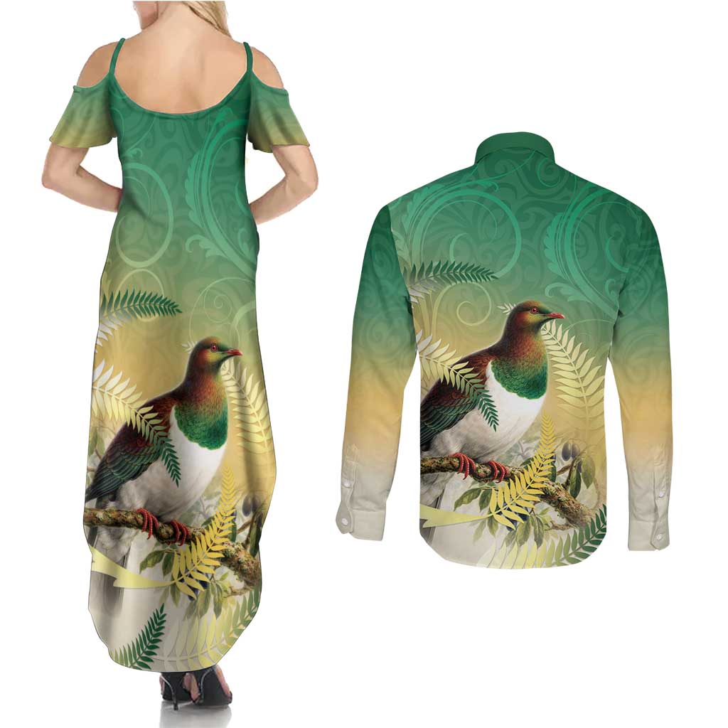 New Zealand Pigeon Kereru Couples Matching Summer Maxi Dress and Long Sleeve Button Shirt Maori Fern Art Green Gradient - Aussie Hoodie