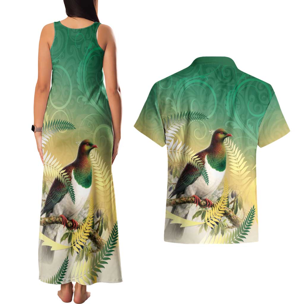 New Zealand Pigeon Kereru Couples Matching Tank Maxi Dress and Hawaiian Shirt Maori Fern Art Green Gradient - Aussie Hoodie