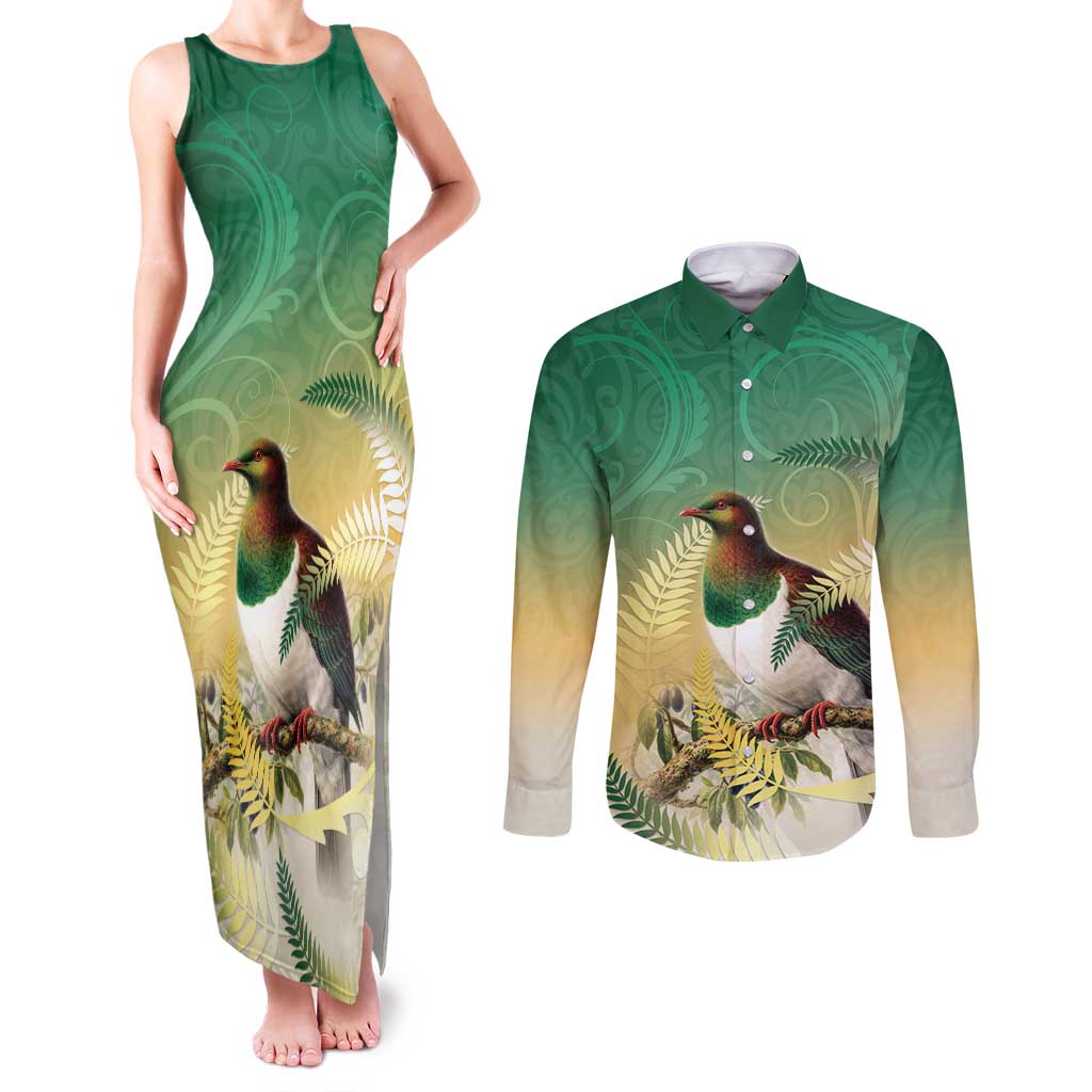New Zealand Pigeon Kereru Couples Matching Tank Maxi Dress and Long Sleeve Button Shirt Maori Fern Art Green Gradient - Aussie Hoodie