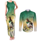 New Zealand Pigeon Kereru Couples Matching Tank Maxi Dress and Long Sleeve Button Shirt Maori Fern Art Green Gradient - Aussie Hoodie