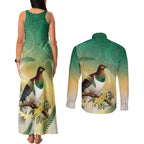 New Zealand Pigeon Kereru Couples Matching Tank Maxi Dress and Long Sleeve Button Shirt Maori Fern Art Green Gradient - Aussie Hoodie