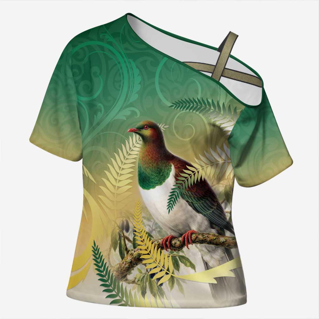 New Zealand Pigeon Kereru Cross Shoulder Shirt Maori Fern Art Green Gradient - Aussie Hoodie