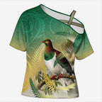New Zealand Pigeon Kereru Cross Shoulder Shirt Maori Fern Art Green Gradient - Aussie Hoodie