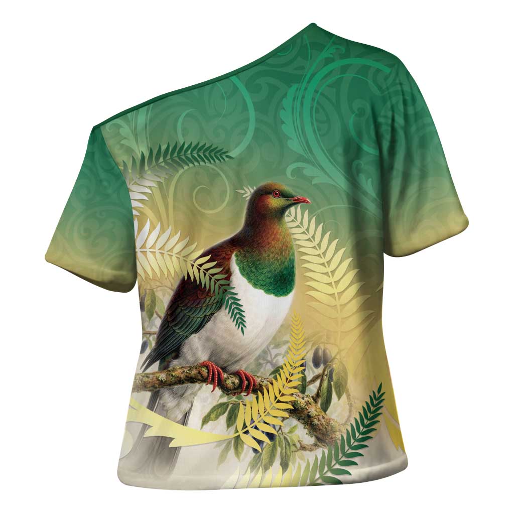 New Zealand Pigeon Kereru Cross Shoulder Shirt Maori Fern Art Green Gradient - Aussie Hoodie