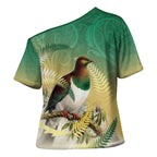 New Zealand Pigeon Kereru Cross Shoulder Shirt Maori Fern Art Green Gradient - Aussie Hoodie