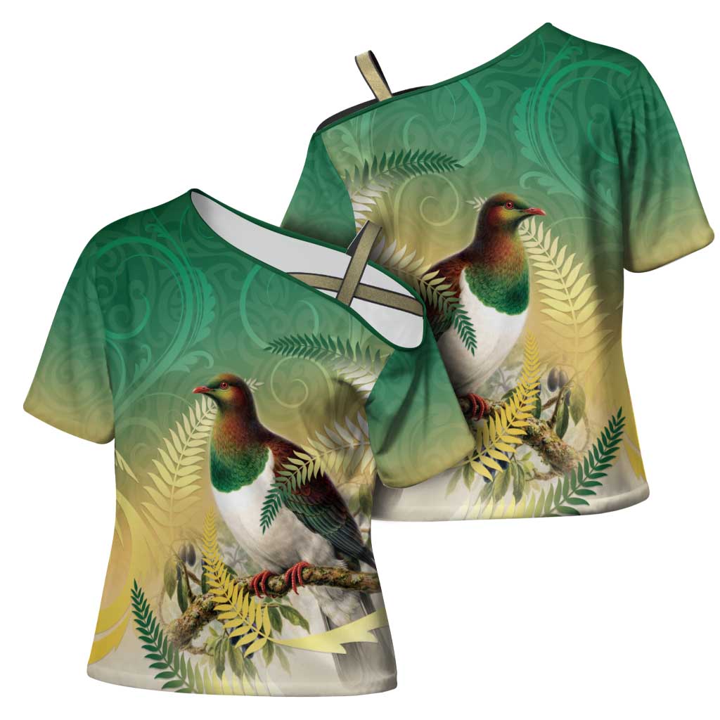 New Zealand Pigeon Kereru Cross Shoulder Shirt Maori Fern Art Green Gradient - Aussie Hoodie