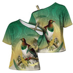 New Zealand Pigeon Kereru Cross Shoulder Shirt Maori Fern Art Green Gradient - Aussie Hoodie