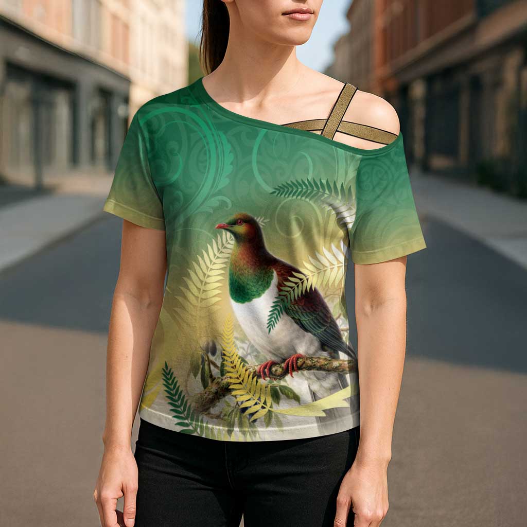 New Zealand Pigeon Kereru Cross Shoulder Shirt Maori Fern Art Green Gradient - Aussie Hoodie
