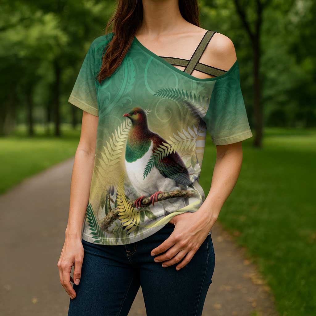 New Zealand Pigeon Kereru Cross Shoulder Shirt Maori Fern Art Green Gradient - Aussie Hoodie
