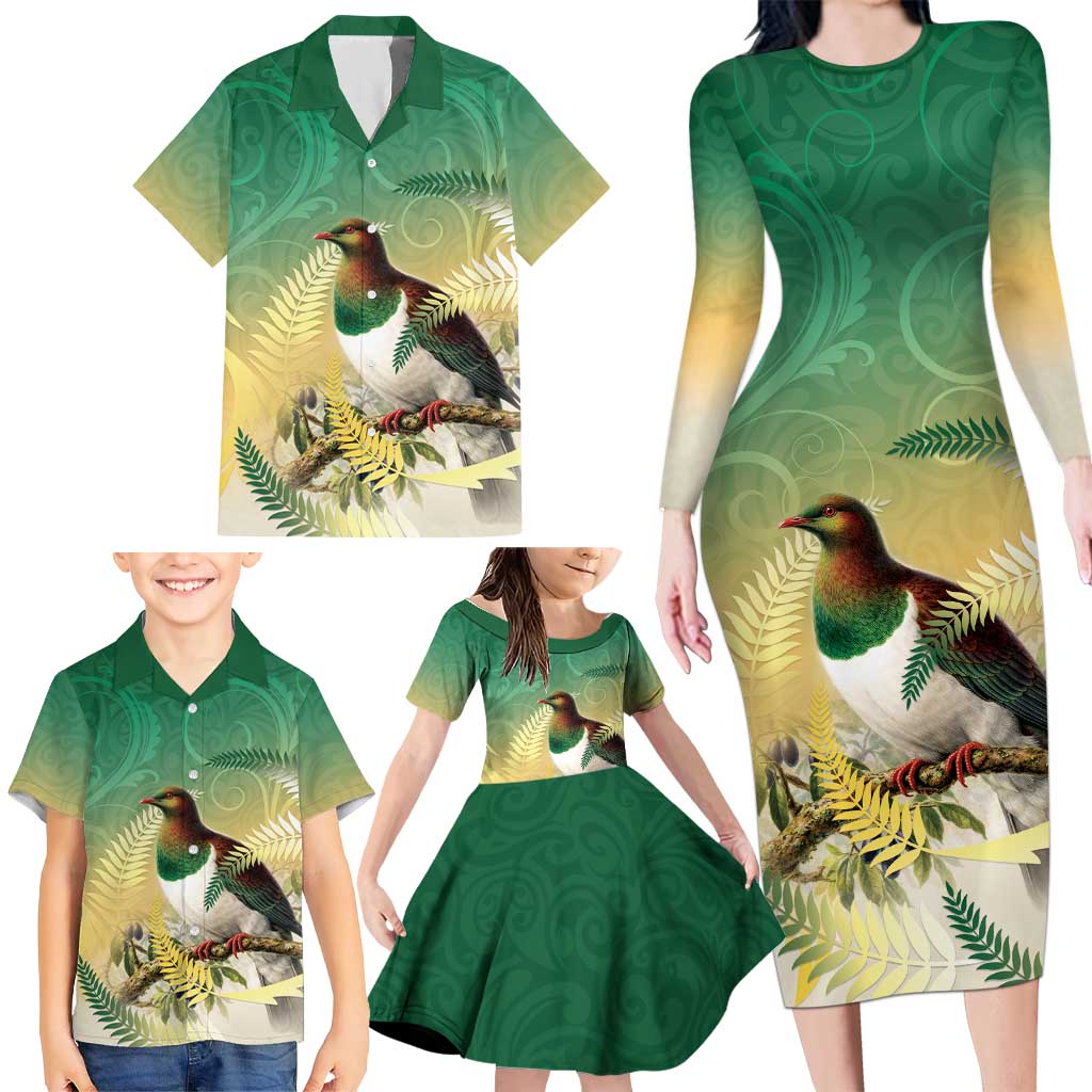 New Zealand Pigeon Kereru Family Matching Long Sleeve Bodycon Dress and Hawaiian Shirt Maori Fern Art Green Gradient - Aussie Hoodie