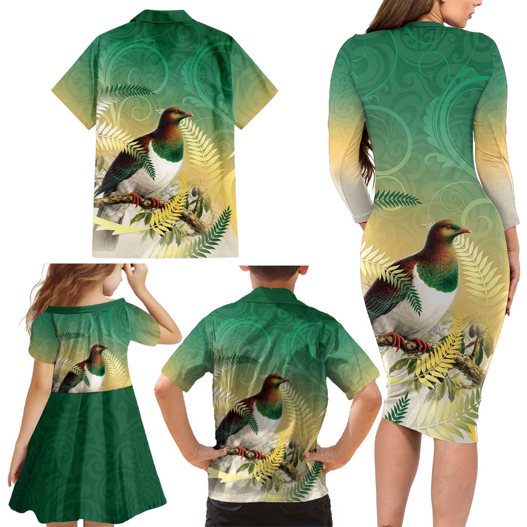 New Zealand Pigeon Kereru Family Matching Long Sleeve Bodycon Dress and Hawaiian Shirt Maori Fern Art Green Gradient - Aussie Hoodie