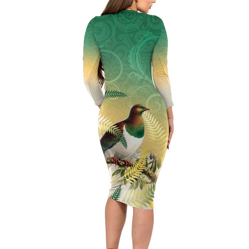 New Zealand Pigeon Kereru Family Matching Long Sleeve Bodycon Dress and Hawaiian Shirt Maori Fern Art Green Gradient - Aussie Hoodie