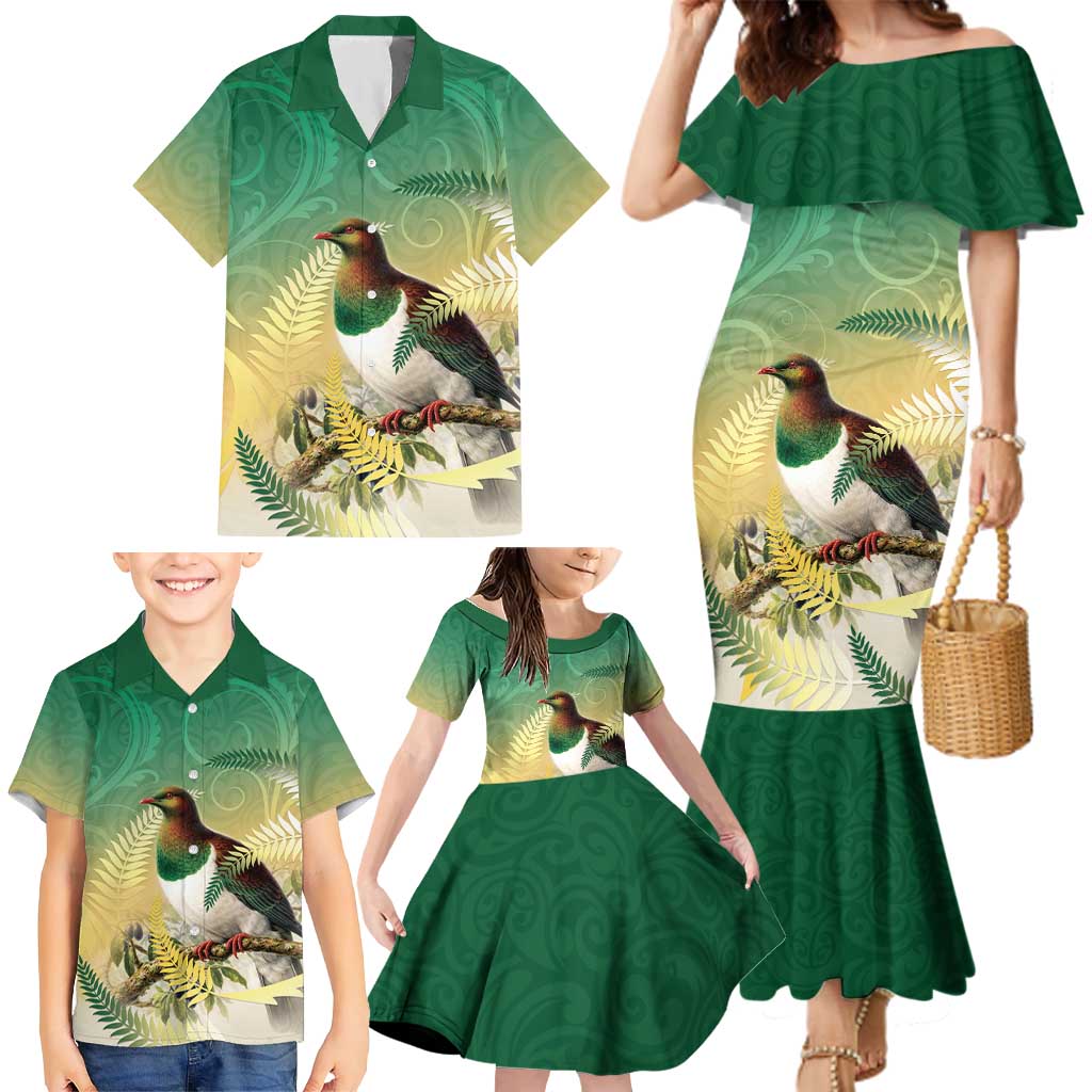 New Zealand Pigeon Kereru Family Matching Mermaid Dress and Hawaiian Shirt Maori Fern Art Green Gradient - Aussie Hoodie