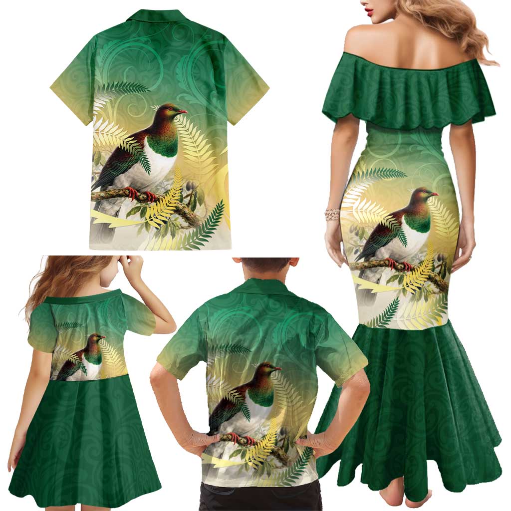 New Zealand Pigeon Kereru Family Matching Mermaid Dress and Hawaiian Shirt Maori Fern Art Green Gradient - Aussie Hoodie