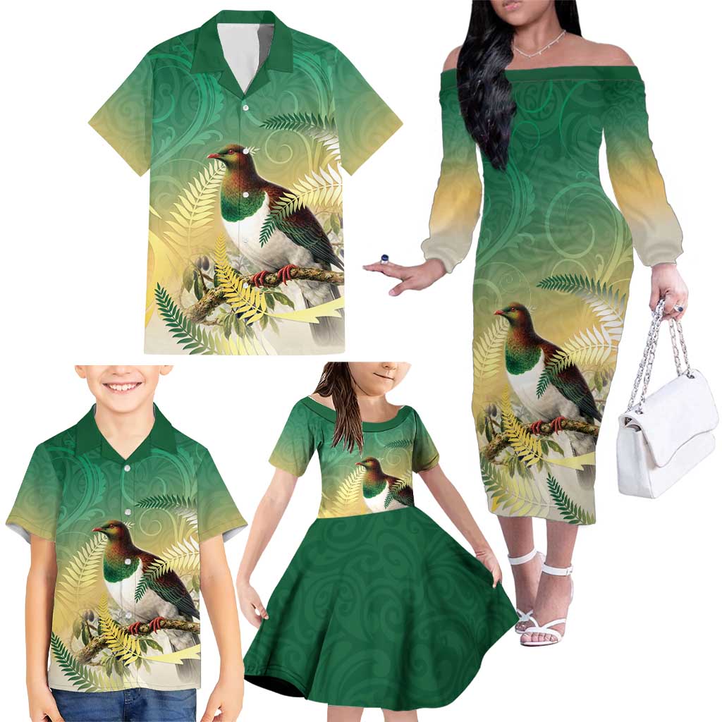 New Zealand Pigeon Kereru Family Matching Off The Shoulder Long Sleeve Dress and Hawaiian Shirt Maori Fern Art Green Gradient - Aussie Hoodie