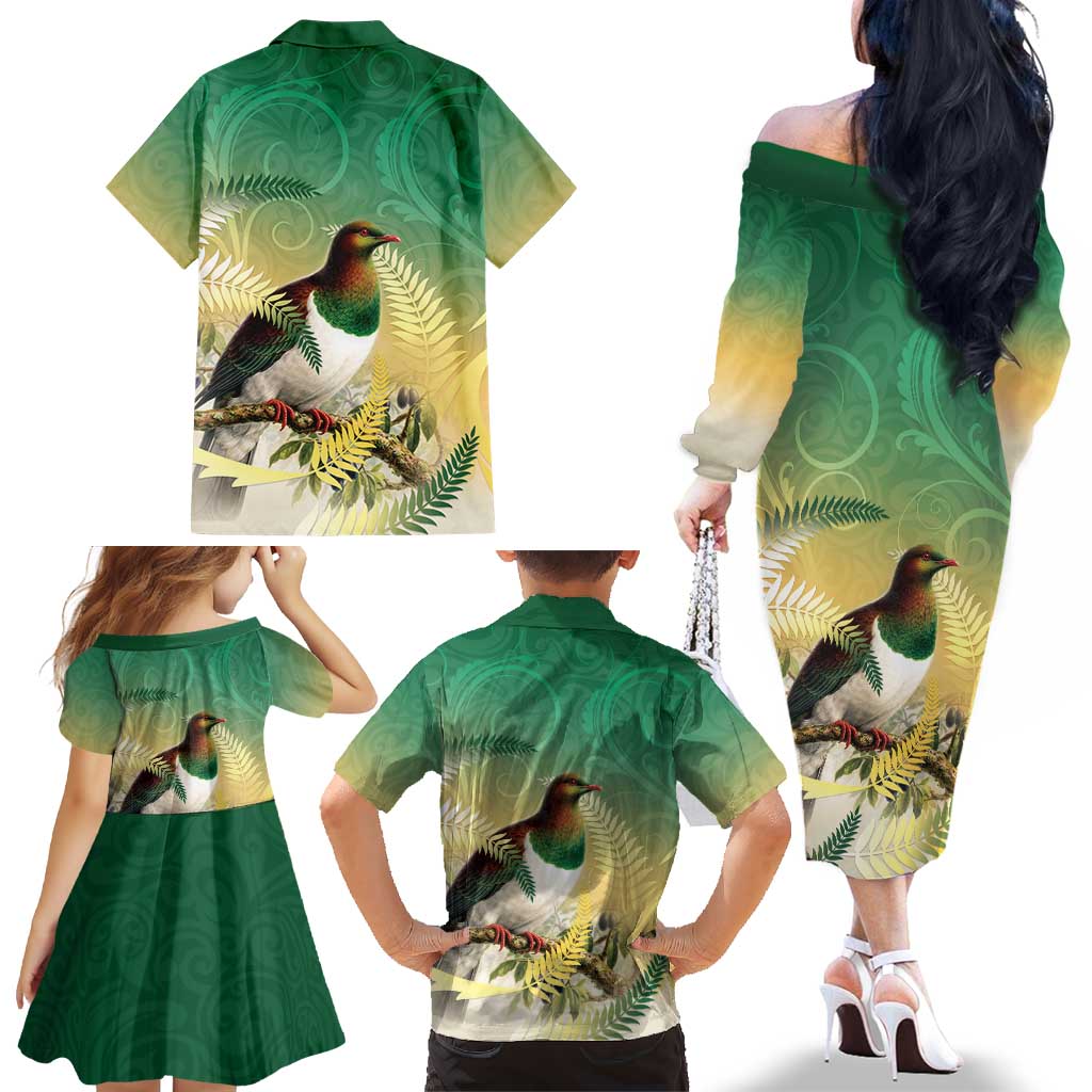 New Zealand Pigeon Kereru Family Matching Off The Shoulder Long Sleeve Dress and Hawaiian Shirt Maori Fern Art Green Gradient - Aussie Hoodie