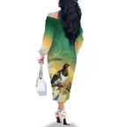 New Zealand Pigeon Kereru Family Matching Off The Shoulder Long Sleeve Dress and Hawaiian Shirt Maori Fern Art Green Gradient - Aussie Hoodie