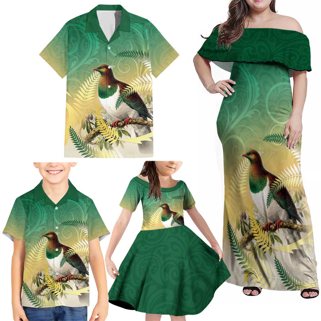 New Zealand Pigeon Kereru Family Matching Off Shoulder Maxi Dress and Hawaiian Shirt Maori Fern Art Green Gradient - Aussie Hoodie