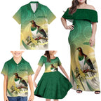 New Zealand Pigeon Kereru Family Matching Off Shoulder Maxi Dress and Hawaiian Shirt Maori Fern Art Green Gradient - Aussie Hoodie