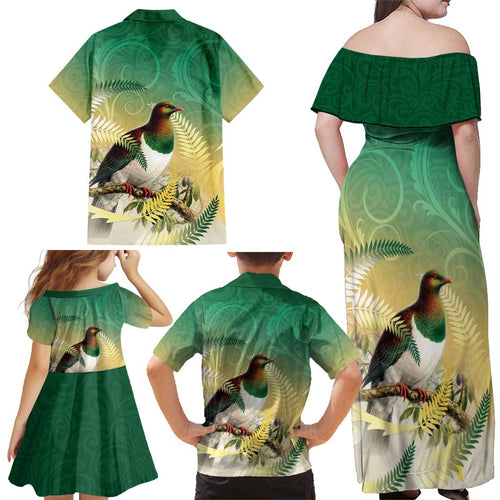 New Zealand Pigeon Kereru Family Matching Off Shoulder Maxi Dress and Hawaiian Shirt Maori Fern Art Green Gradient - Aussie Hoodie