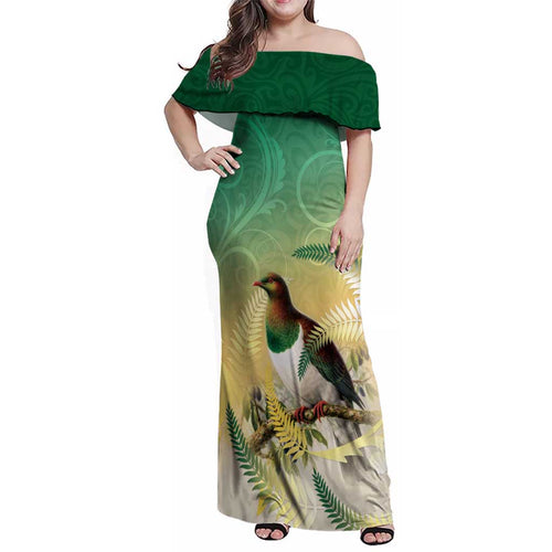 New Zealand Pigeon Kereru Family Matching Off Shoulder Maxi Dress and Hawaiian Shirt Maori Fern Art Green Gradient - Aussie Hoodie