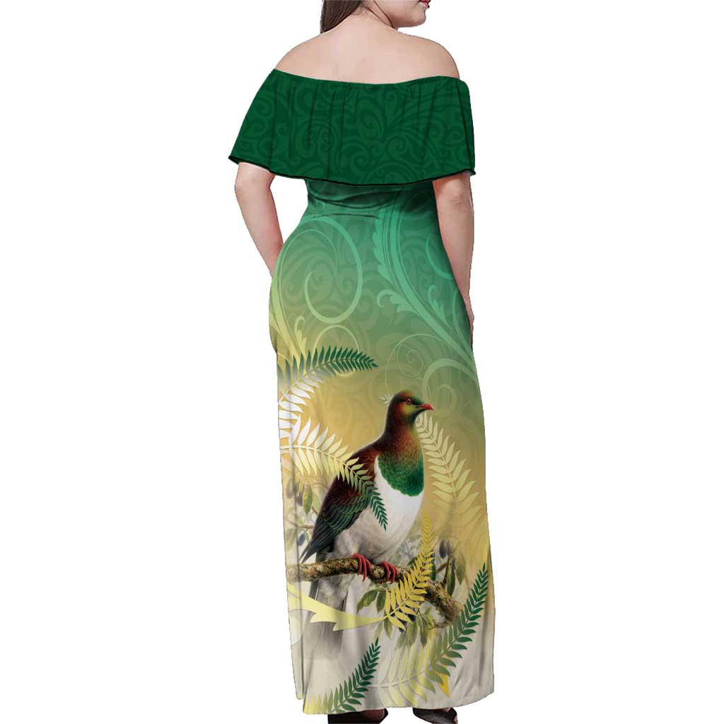 New Zealand Pigeon Kereru Family Matching Off Shoulder Maxi Dress and Hawaiian Shirt Maori Fern Art Green Gradient - Aussie Hoodie