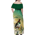 New Zealand Pigeon Kereru Family Matching Off Shoulder Maxi Dress and Hawaiian Shirt Maori Fern Art Green Gradient - Aussie Hoodie