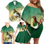 New Zealand Pigeon Kereru Family Matching Off Shoulder Short Dress and Hawaiian Shirt Maori Fern Art Green Gradient - Aussie Hoodie