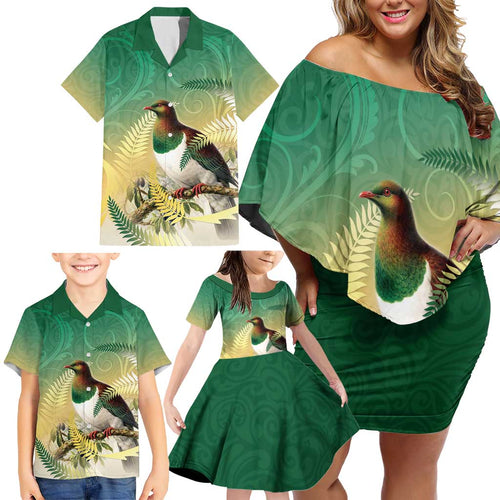 New Zealand Pigeon Kereru Family Matching Off Shoulder Short Dress and Hawaiian Shirt Maori Fern Art Green Gradient - Aussie Hoodie