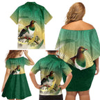 New Zealand Pigeon Kereru Family Matching Off Shoulder Short Dress and Hawaiian Shirt Maori Fern Art Green Gradient - Aussie Hoodie