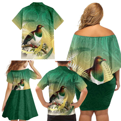 New Zealand Pigeon Kereru Family Matching Off Shoulder Short Dress and Hawaiian Shirt Maori Fern Art Green Gradient - Aussie Hoodie