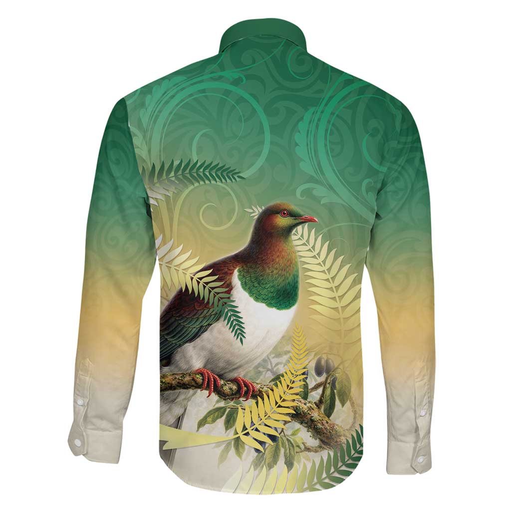 New Zealand Pigeon Kereru Family Matching Off Shoulder Short Dress and Hawaiian Shirt Maori Fern Art Green Gradient - Aussie Hoodie
