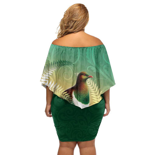 New Zealand Pigeon Kereru Family Matching Off Shoulder Short Dress and Hawaiian Shirt Maori Fern Art Green Gradient - Aussie Hoodie