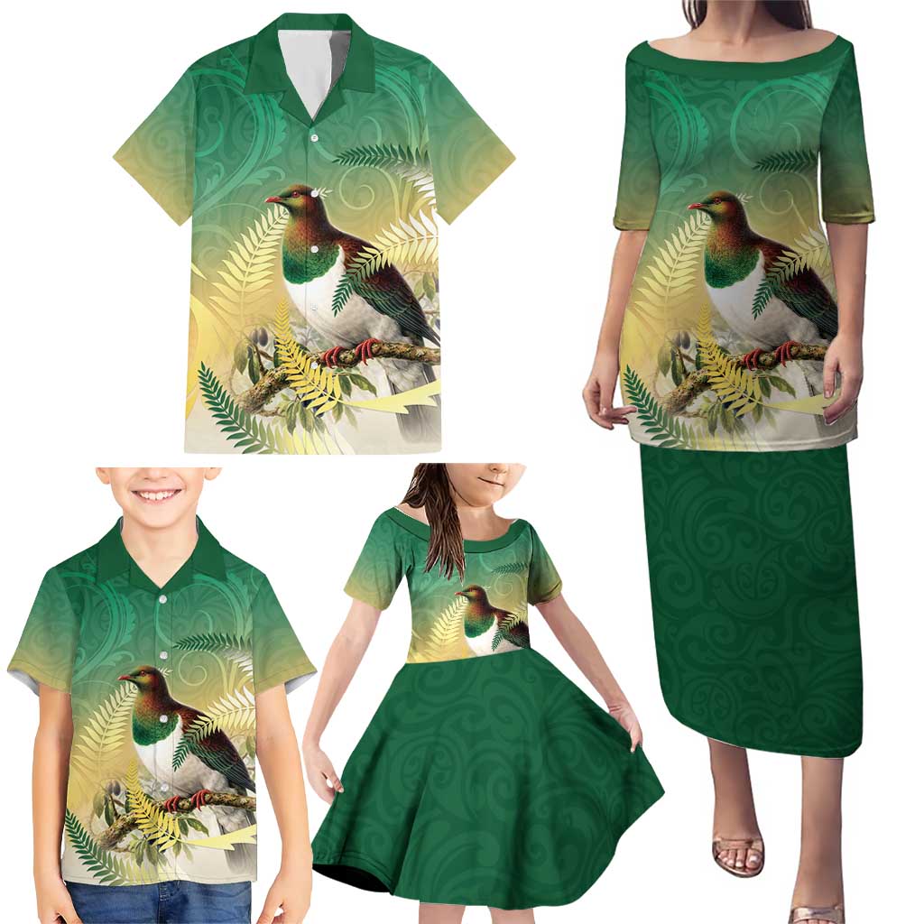 New Zealand Pigeon Kereru Family Matching Puletasi and Hawaiian Shirt Maori Fern Art Green Gradient - Aussie Hoodie