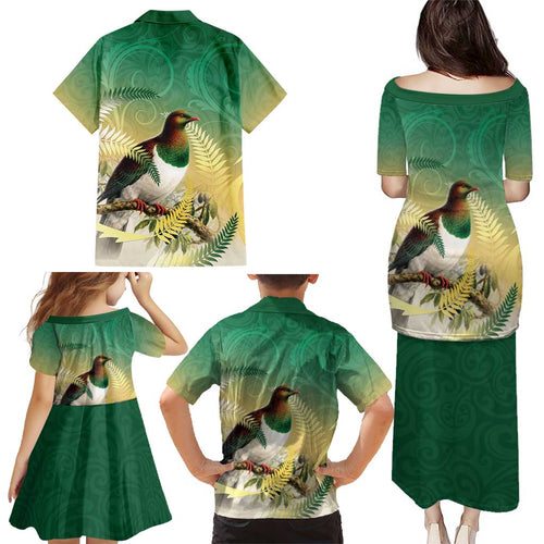 New Zealand Pigeon Kereru Family Matching Puletasi and Hawaiian Shirt Maori Fern Art Green Gradient - Aussie Hoodie