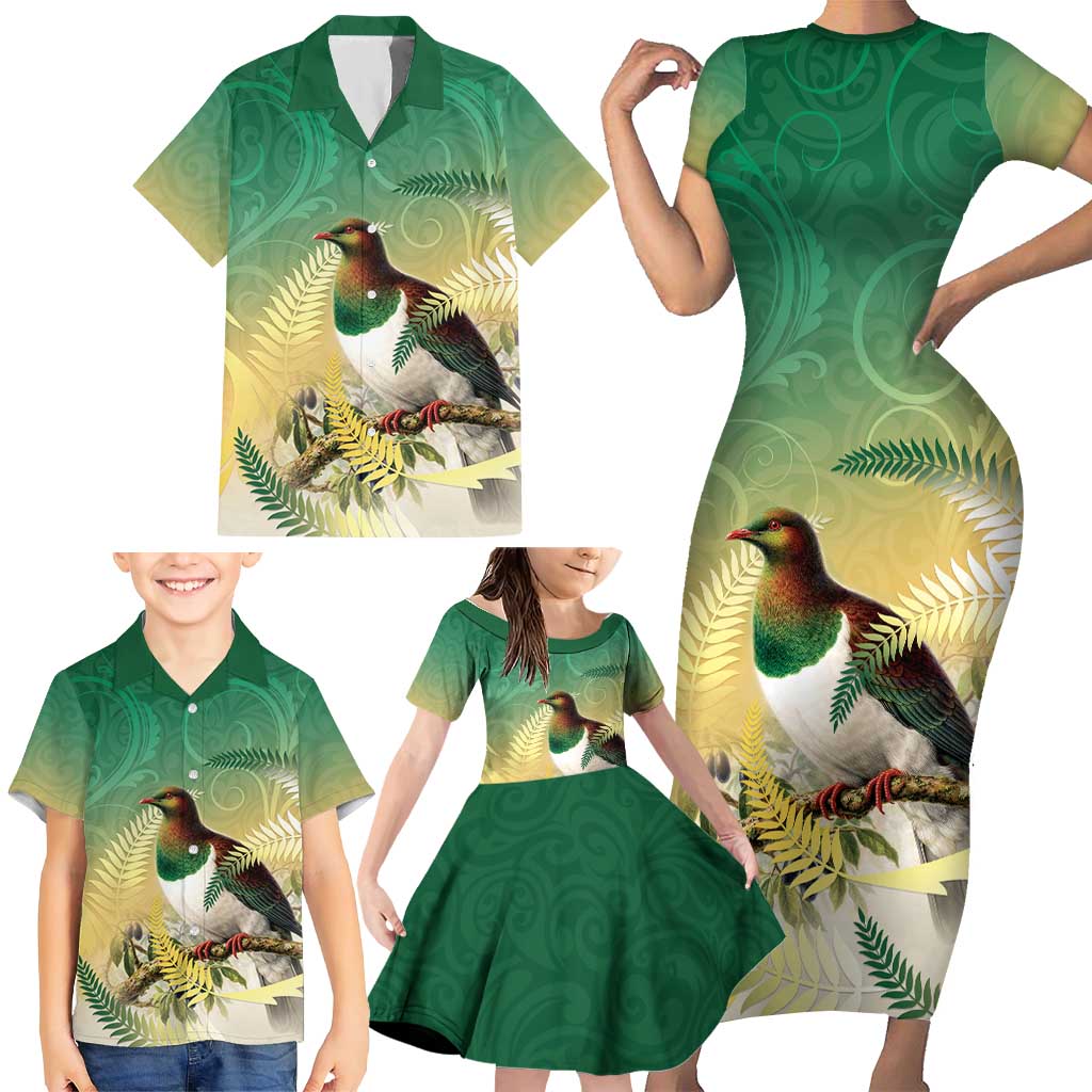 New Zealand Pigeon Kereru Family Matching Short Sleeve Bodycon Dress and Hawaiian Shirt Maori Fern Art Green Gradient - Aussie Hoodie